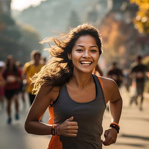 smiling lady running marathon